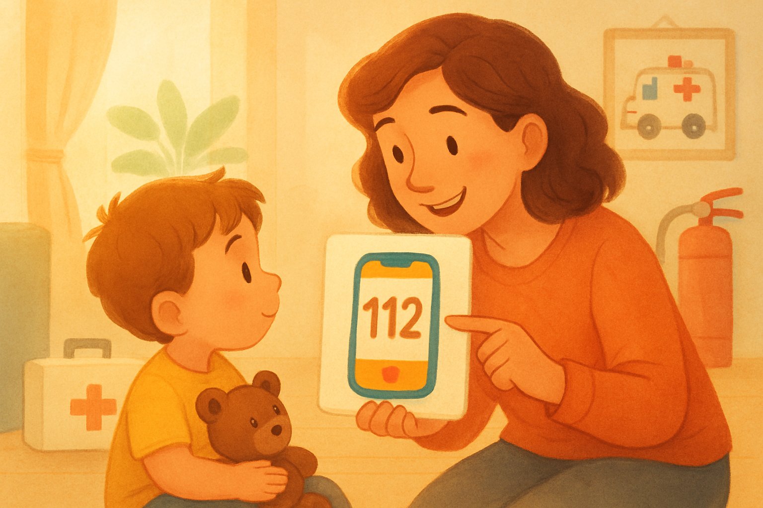 Bir yetişkin, bir çocuğa ev ortamında acil durum numarası 112'yi öğretirken gösteriliyor.