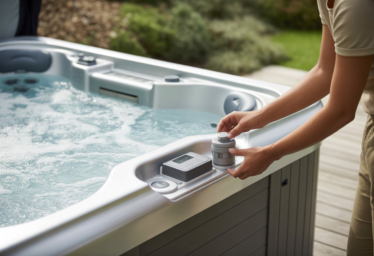 A person adjusting an automatic chemical dispenser attached to the side of a bubbling outdoor hot tub surrounded by wood decking and plants.