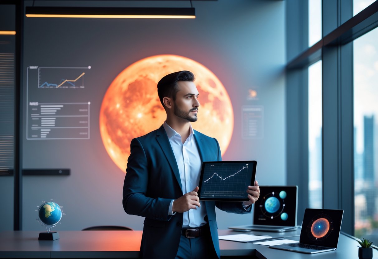 A confident businessperson in a modern office with a digital tablet, charts, and a window showing a glowing red planet Mars in the sky.