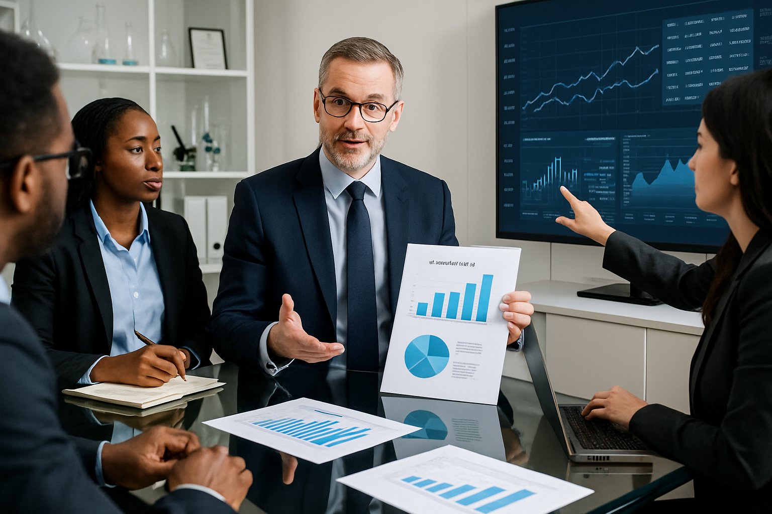 A group of business professionals in an office meeting reviewing financial documents and charts related to ISO 17025 accreditation cost