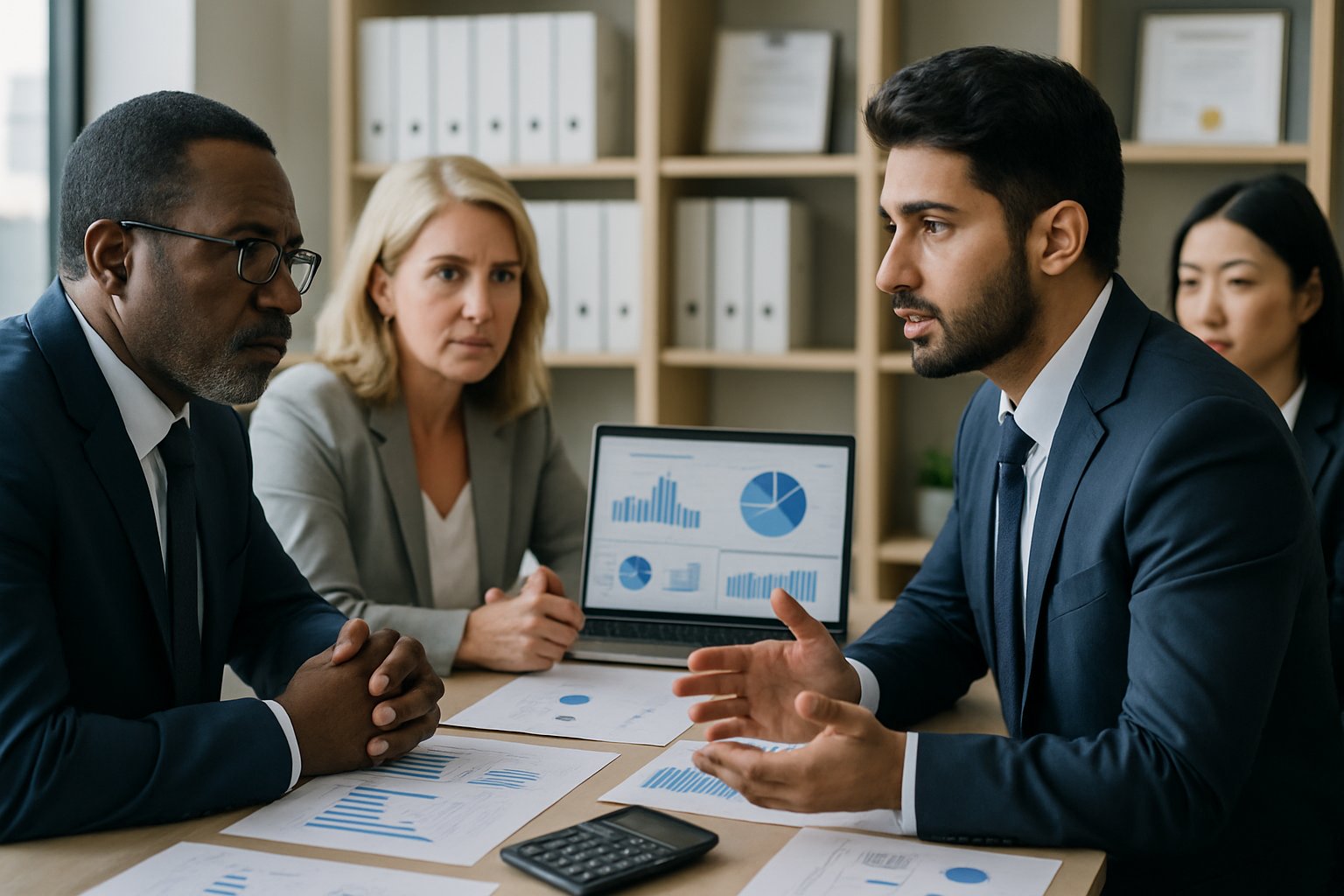 Business professionals discussing documents and charts and ISO 17025 accreditation cost around a conference table in an office.