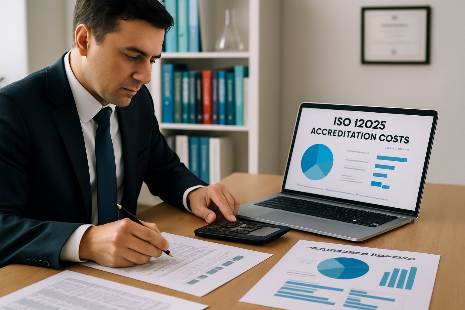 A business professional reviewing financial documents and charts at a desk in an office with scientific books and a certificate on the wall. This is all about ISO 17025 accreditation cost
