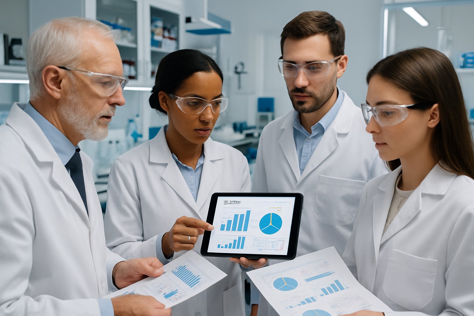 Laboratory professionals in lab coats reviewing budget documents and scientific equipment in a modern laboratory setting discussing ISO 17025 accreditation cost