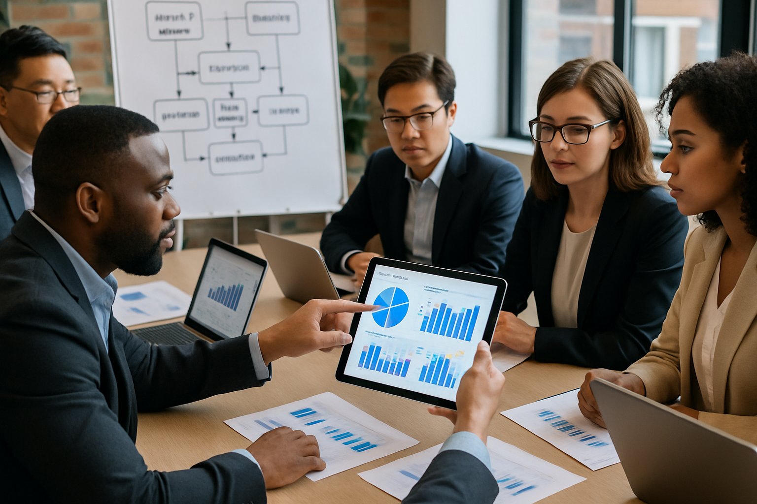 A group of professionals collaborating around a table with laptops and charts, discussing financial and quality management data discussing ISO 17025 accreditation cost