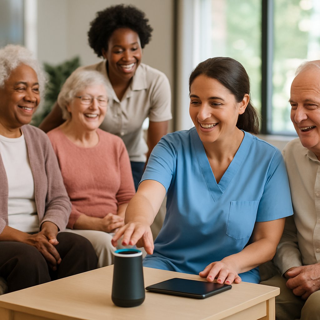 Caregiver using an AI voice assistant device while elderly residents sit and interact in a bright senior care facility common area.