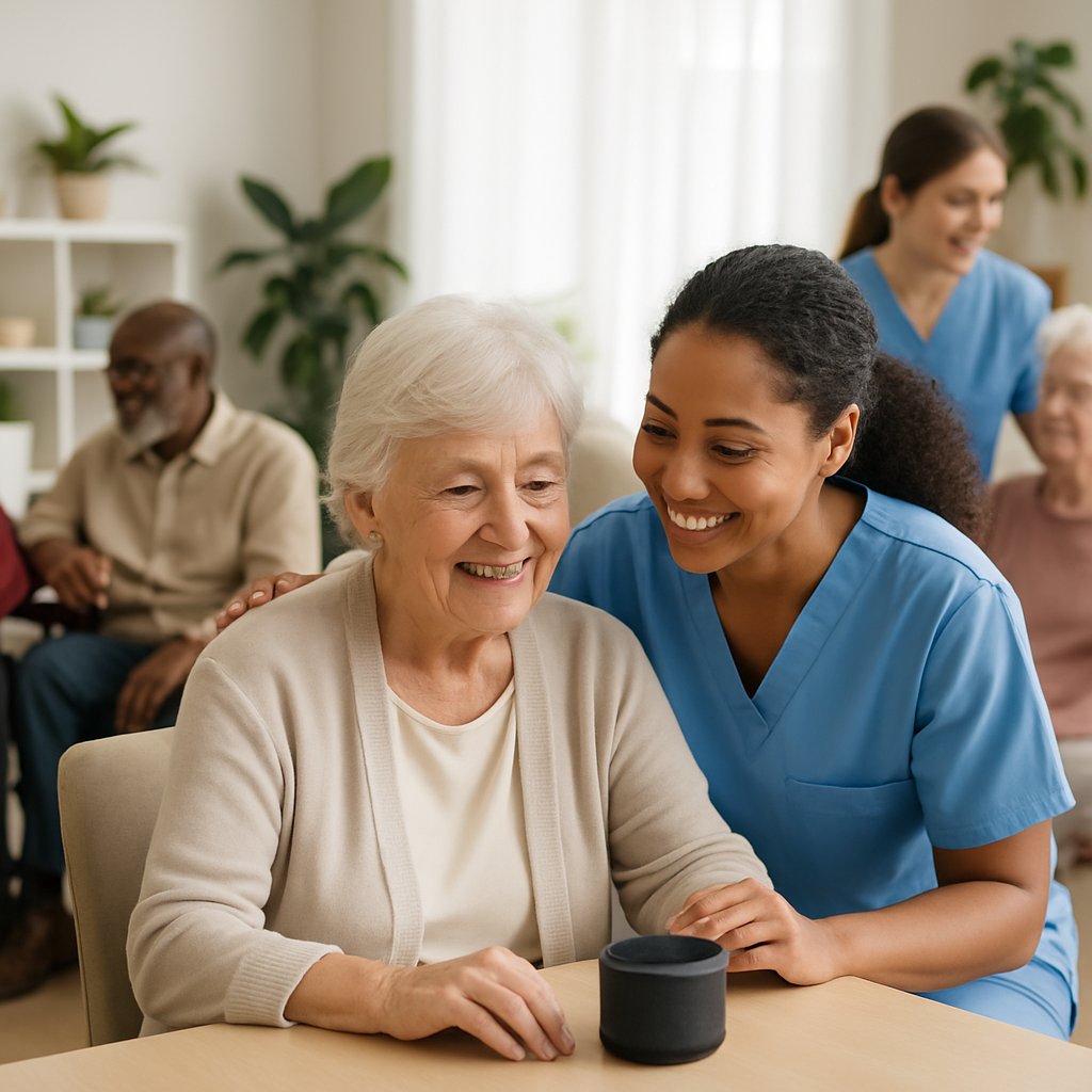 Caregiver helping an elderly woman use a voice assistant device in a senior care facility common area.