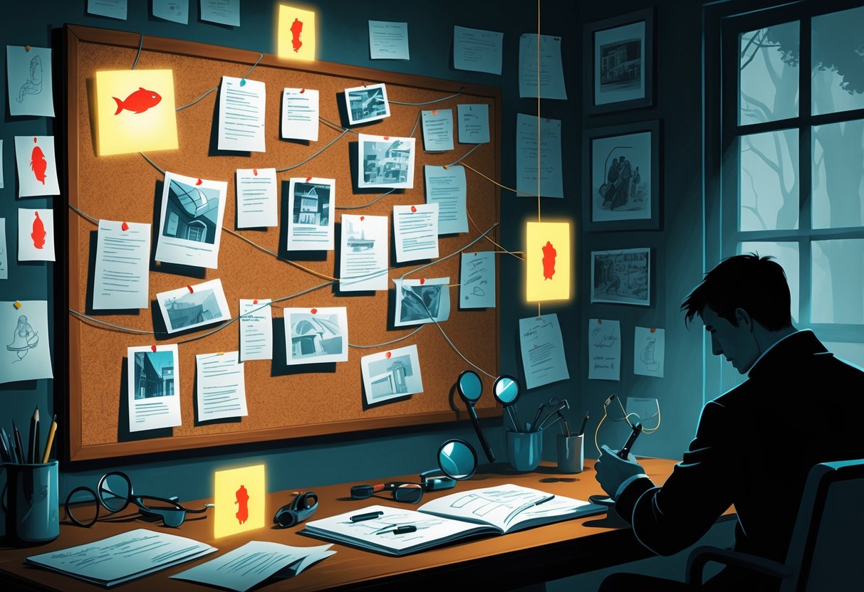 A detective's workspace with a corkboard showing interconnected notes and photographs linked by strings, highlighting clues and misleading red herrings.