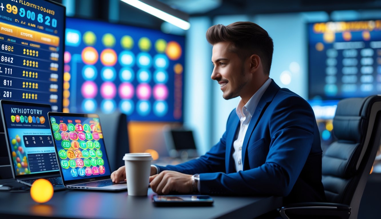 Seorang dewasa muda duduk di meja dengan perangkat digital yang menampilkan angka lotre, di dalam ruangan kantor modern.