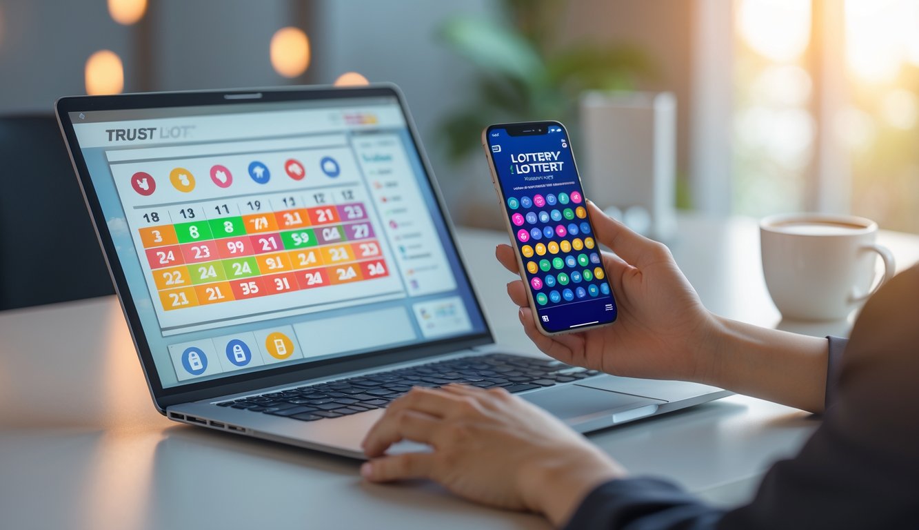 Seseorang menggunakan laptop dan ponsel di meja dengan tampilan angka togel yang berwarna-warni dan suasana yang nyaman.