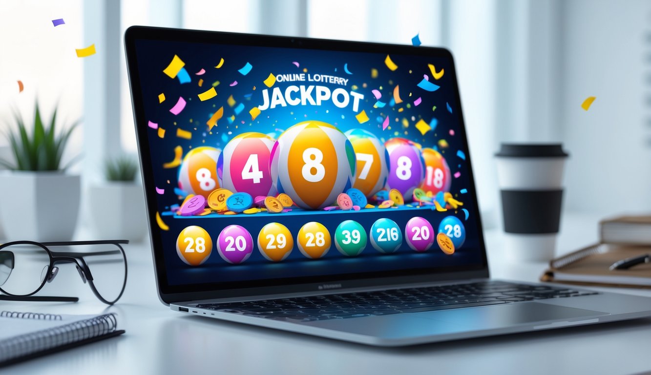 Seseorang menggunakan laptop dengan tampilan bola lotere berwarna-warni dan suasana perayaan di meja kerja.