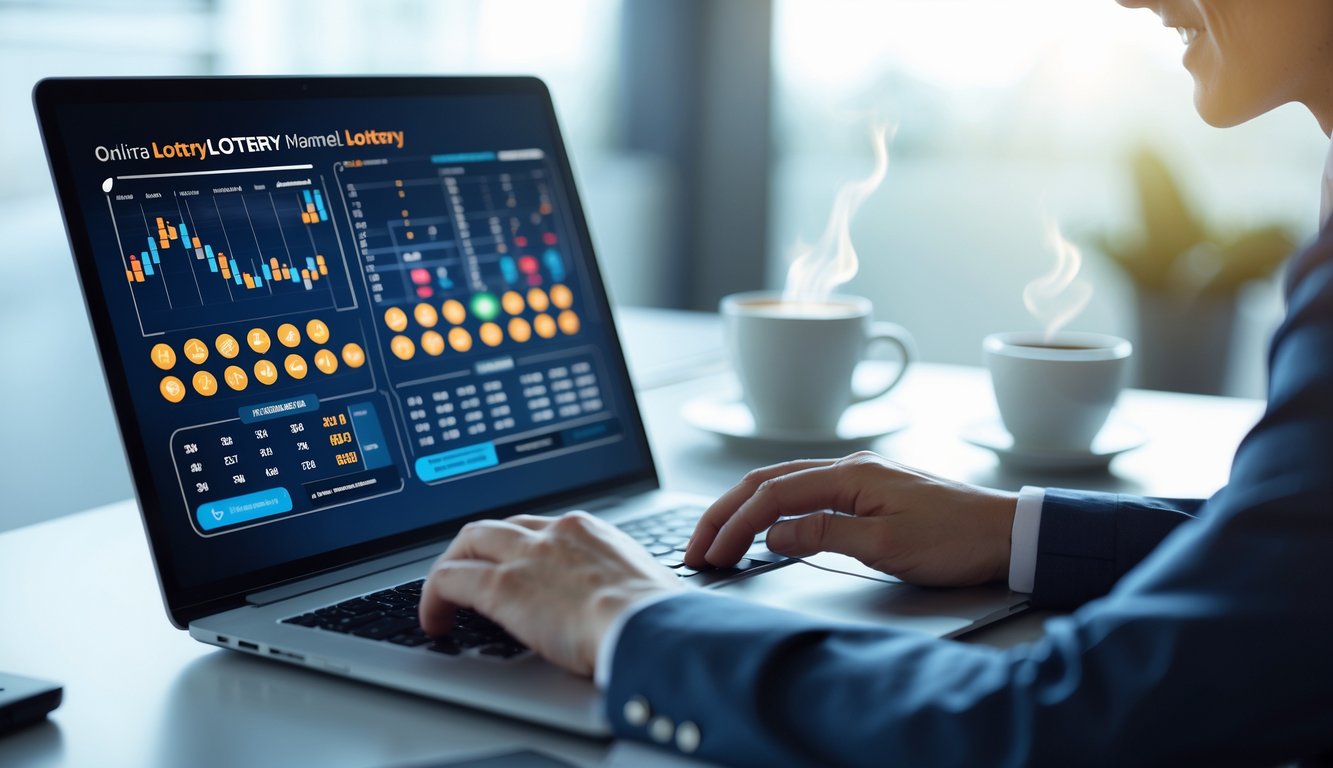 Seseorang sedang menggunakan komputer di ruang kerja modern dengan tampilan grafik dan angka terkait lotere di layar.