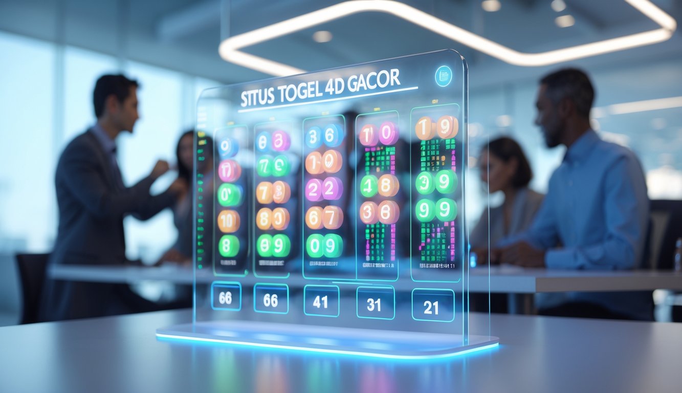 Orang-orang yang sedang melihat layar digital dengan angka togel dan grafik di sebuah kantor modern.