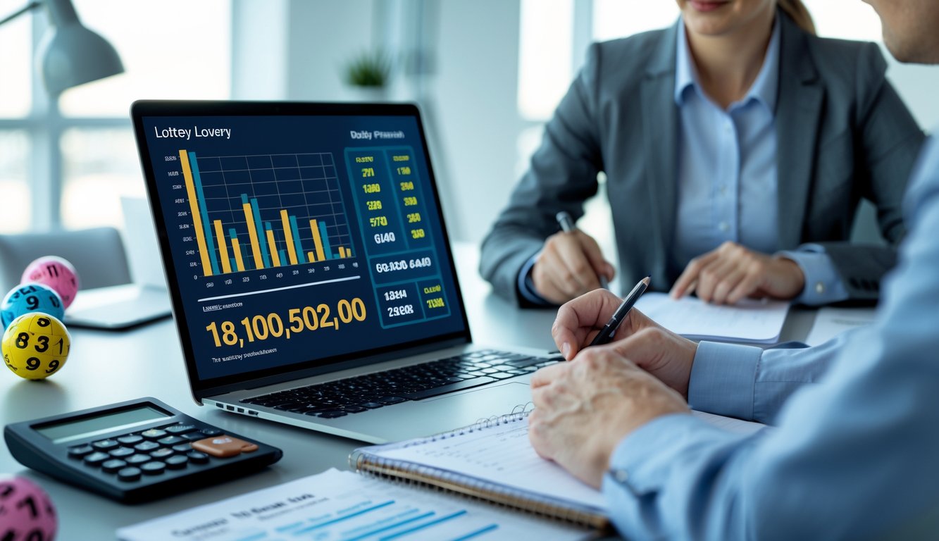 Seorang profesional sedang menganalisis data lotere di meja kerja dengan laptop, kalkulator, dan catatan di kantor yang rapi.