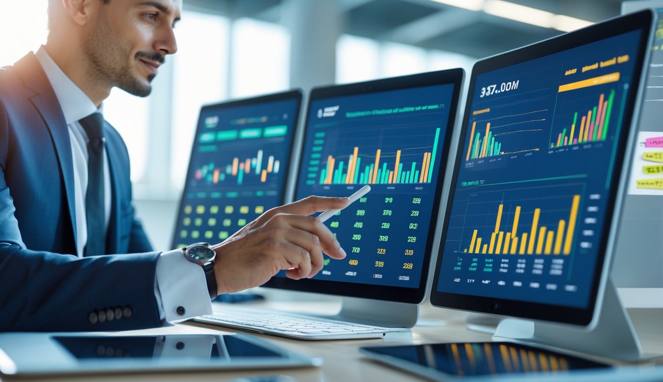 Seorang profesional sedang menganalisis data pada layar digital di kantor modern.