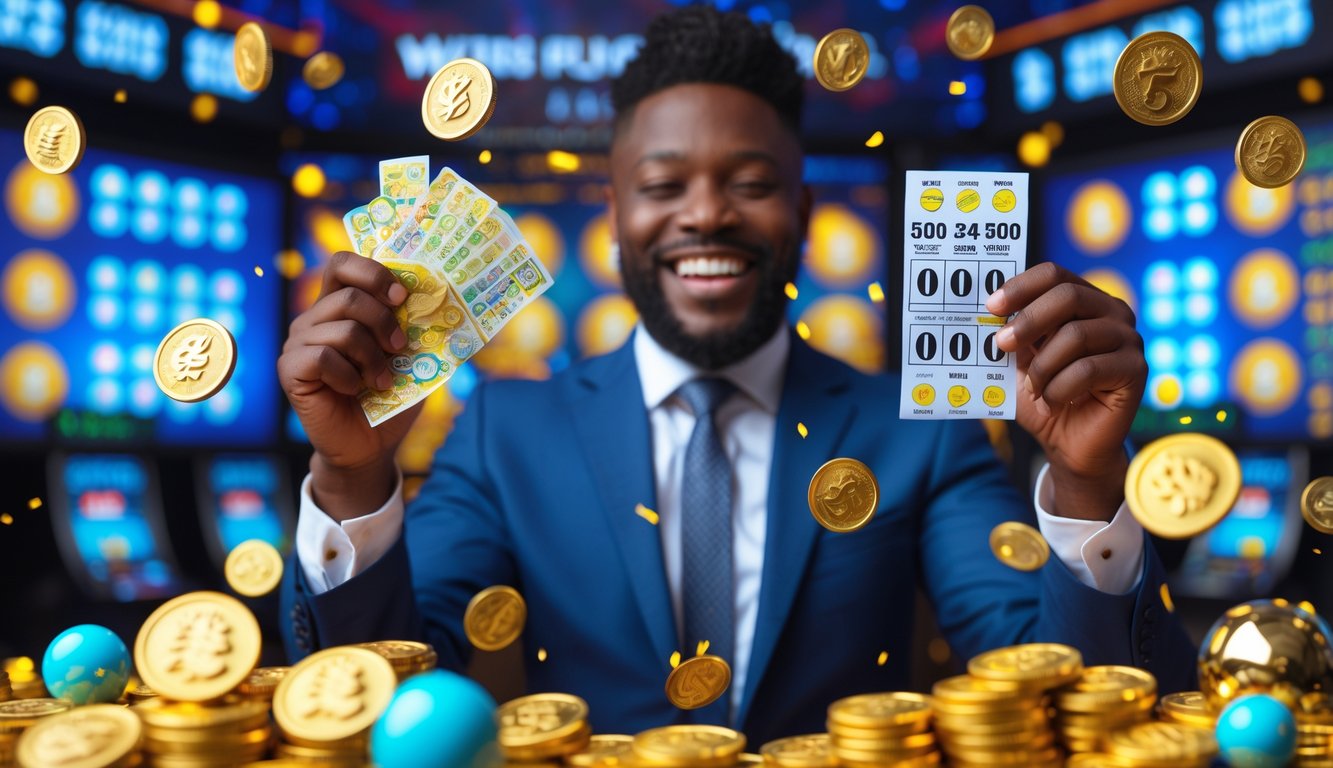 Seorang pria percaya diri memegang tiket lotre kemenangan dengan latar belakang koin emas dan bola lotre berwarna-warni.