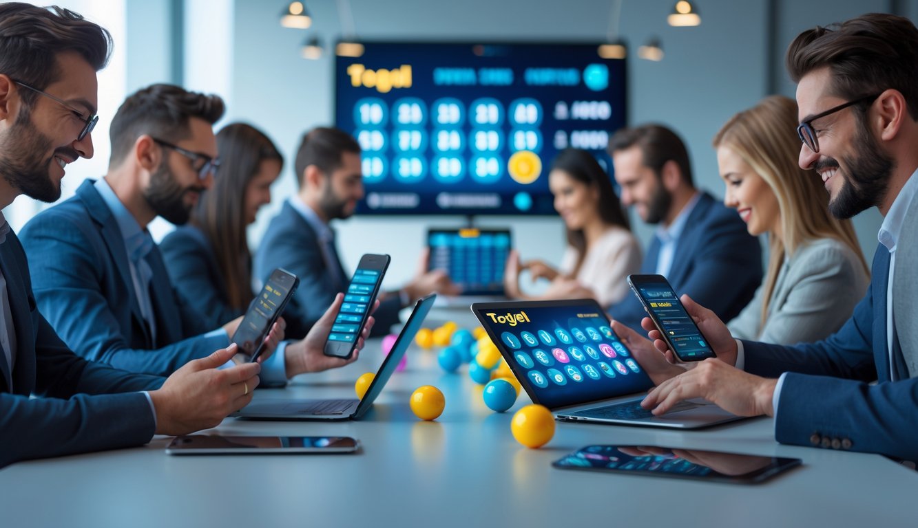 Orang-orang menggunakan perangkat elektronik untuk bermain togel online di sebuah ruangan modern.