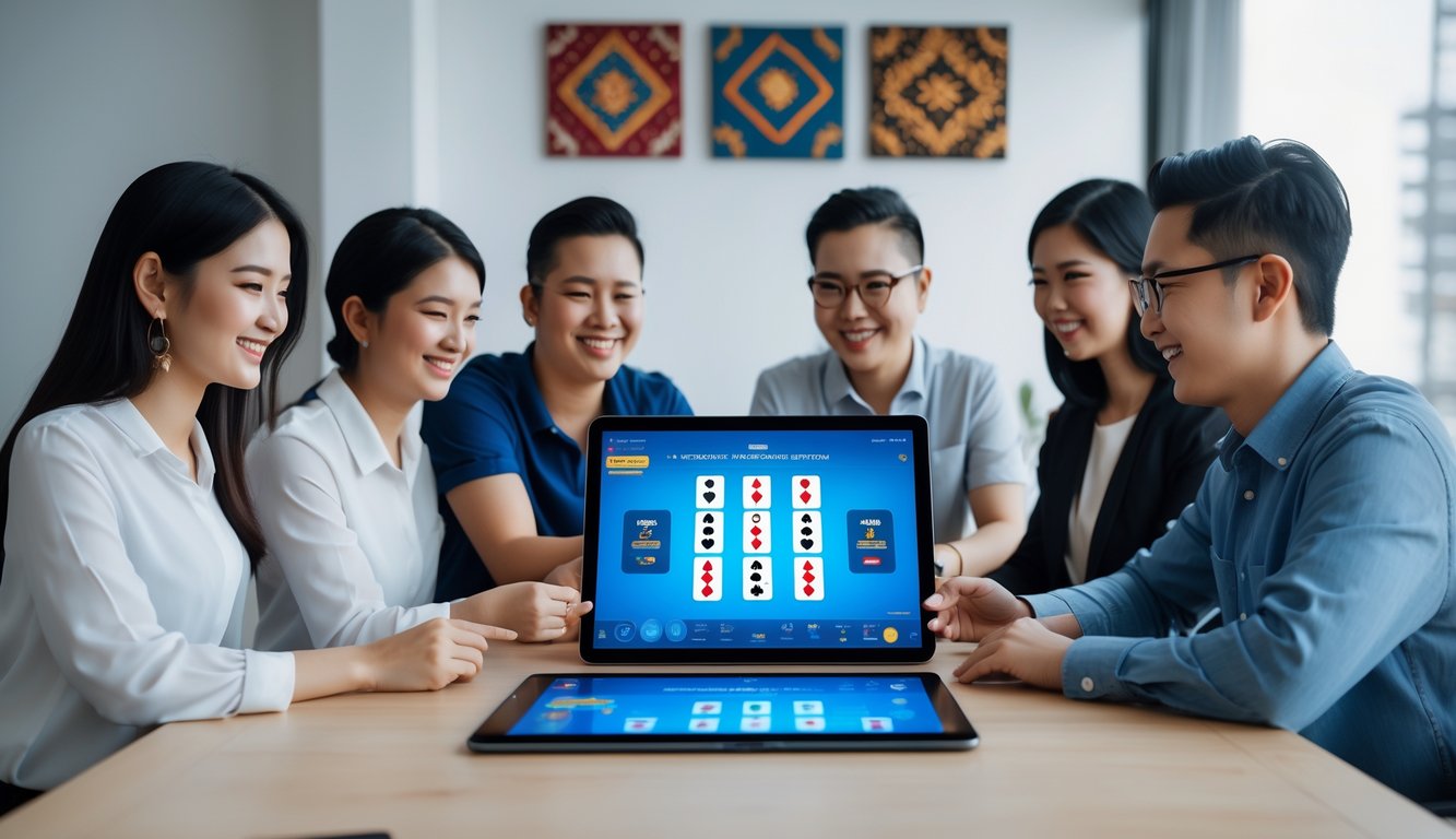 Sekelompok orang yang sedang bermain permainan kartu online menggunakan tablet dan laptop di ruang kerja modern dengan pencahayaan alami.