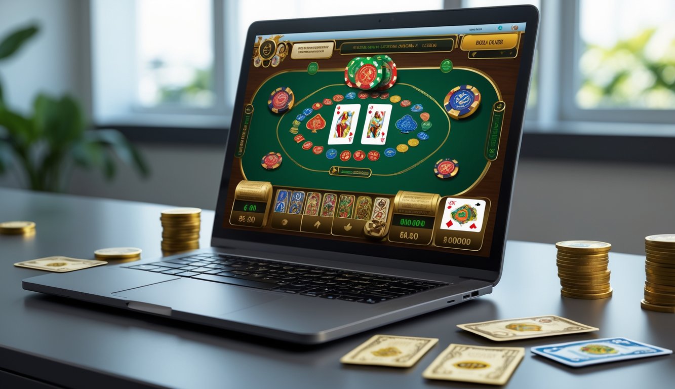 Seorang pria menggunakan laptop di meja dengan permainan kartu digital dan uang rupiah di sekitarnya.