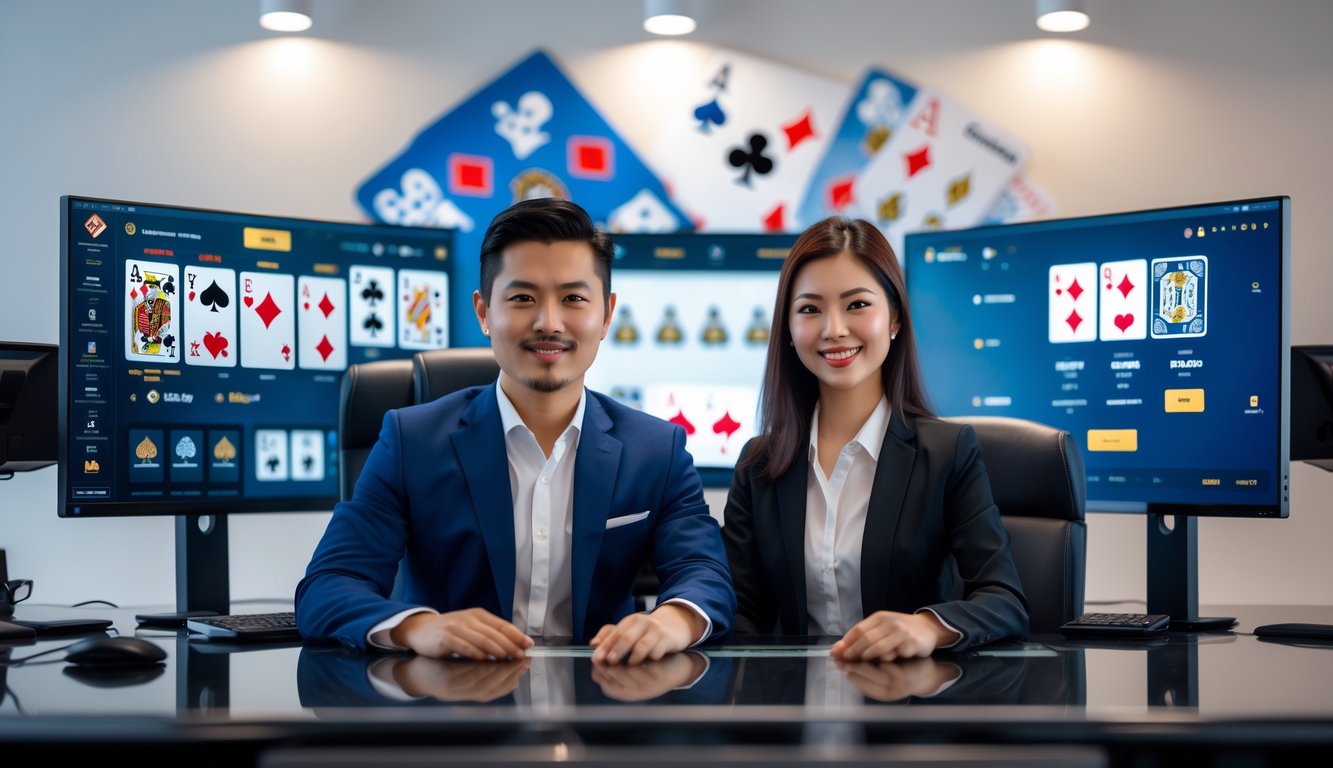 Seorang pria dan wanita duduk di meja kantor dengan beberapa monitor komputer yang menampilkan permainan kartu digital.