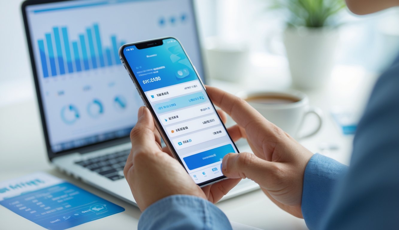 Seseorang menggunakan ponsel untuk melakukan transaksi deposit online di meja kerja dengan laptop dan cangkir kopi.