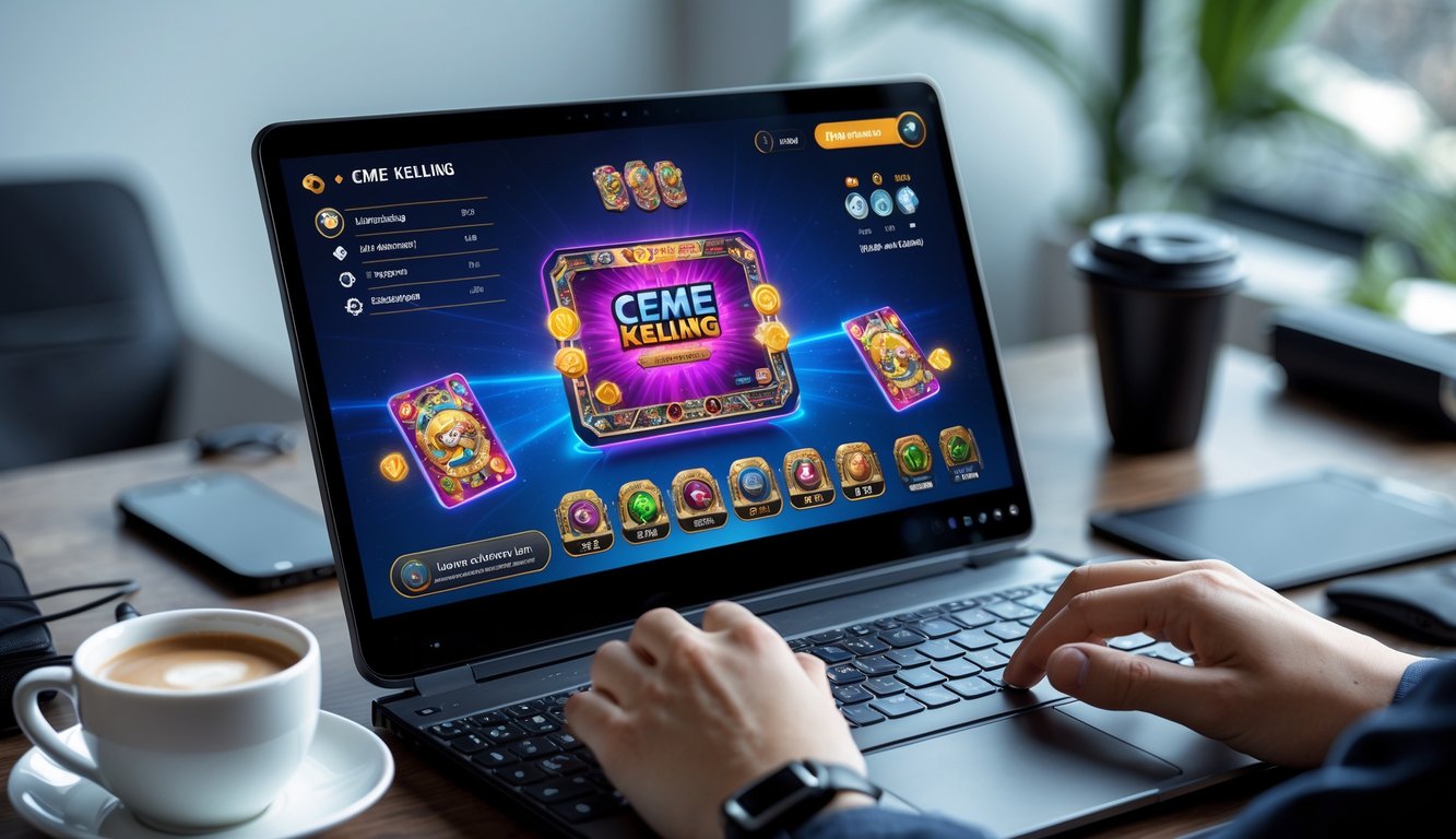 Seseorang sedang bermain permainan kartu Ceme Keliling secara online di depan laptop di ruang kerja yang rapi.