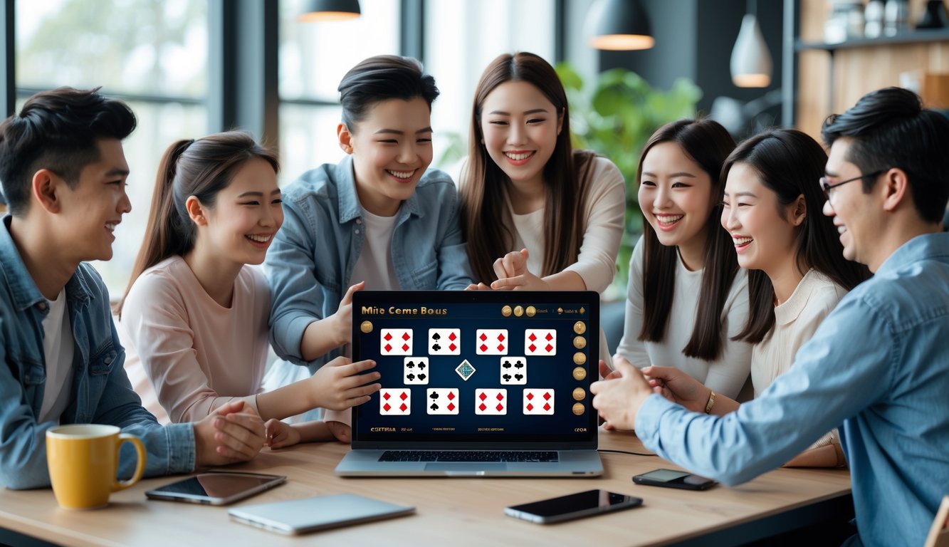 Sekelompok orang muda berkumpul di sekitar laptop yang menampilkan permainan kartu digital, terlihat senang dan merayakan anggota baru.