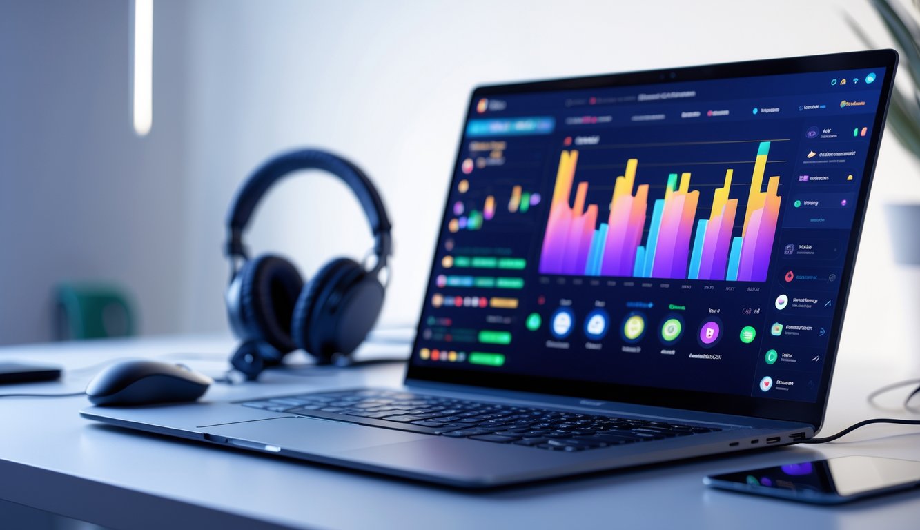 Sebuah ruang kerja digital modern dengan laptop yang menampilkan antarmuka berwarna-warni dan aksesori teknologi di sekitarnya.
