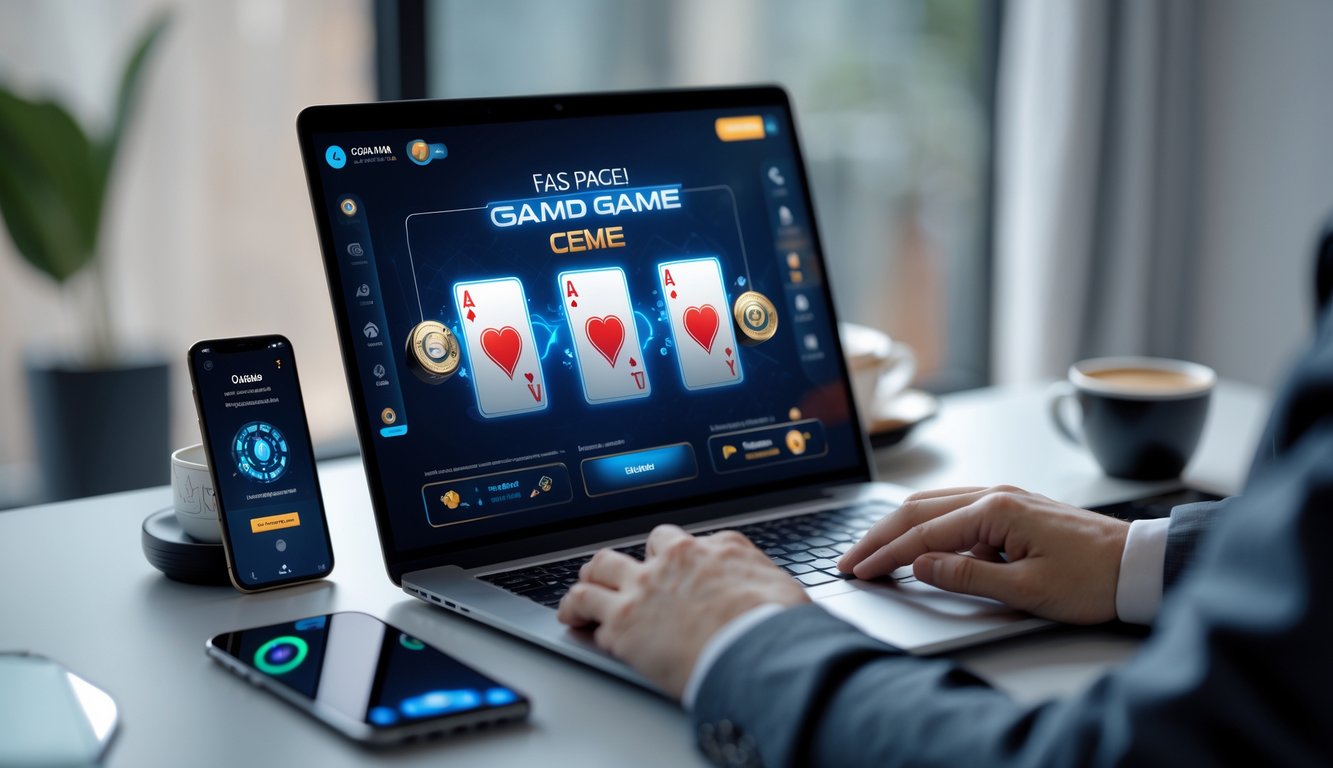 Seseorang sedang menggunakan laptop di meja kerja dengan tampilan permainan kartu digital di layar.