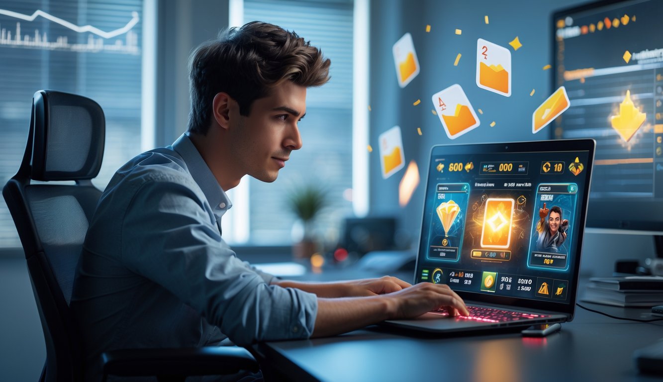 Seorang pria muda duduk di meja kantor modern, fokus melihat layar laptop yang menampilkan permainan kartu digital dengan grafik kemenangan.