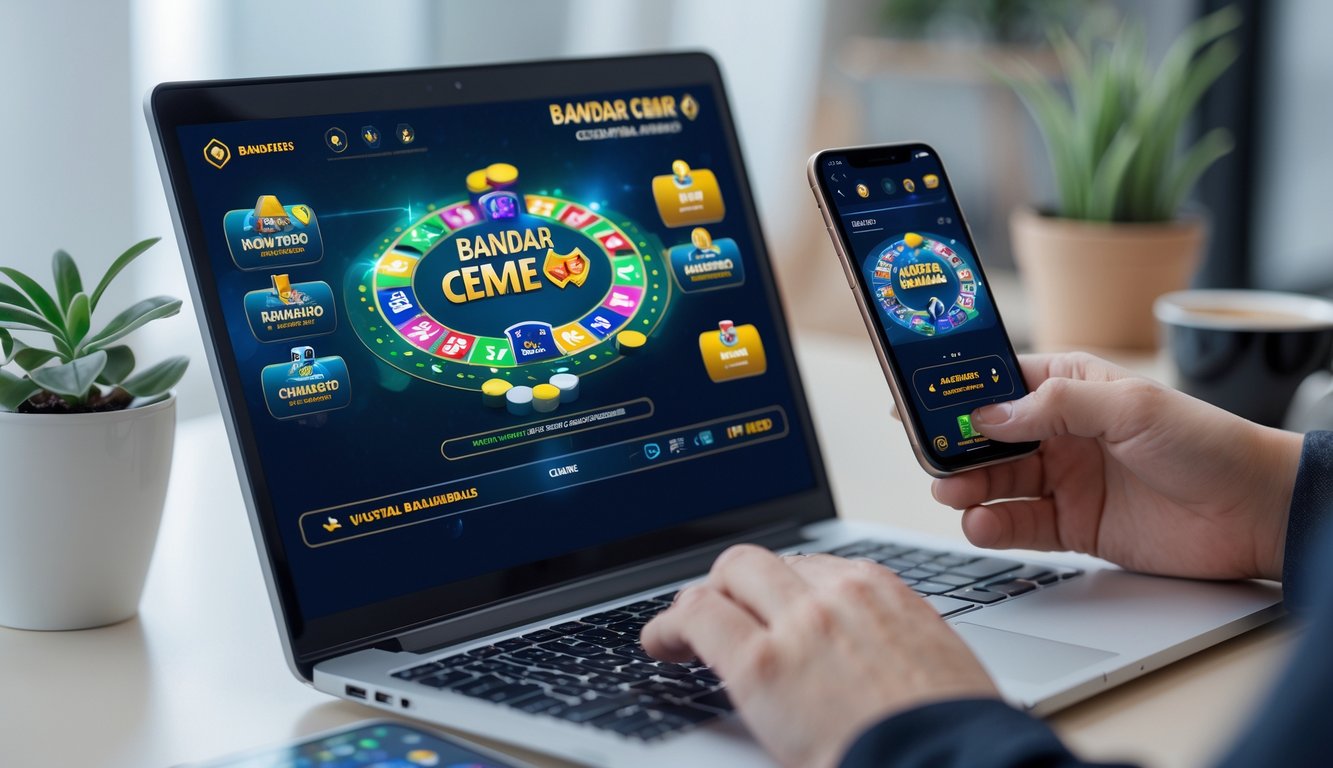 Seseorang bermain Bandar Ceme online menggunakan laptop dan ponsel di meja kerja yang rapi.