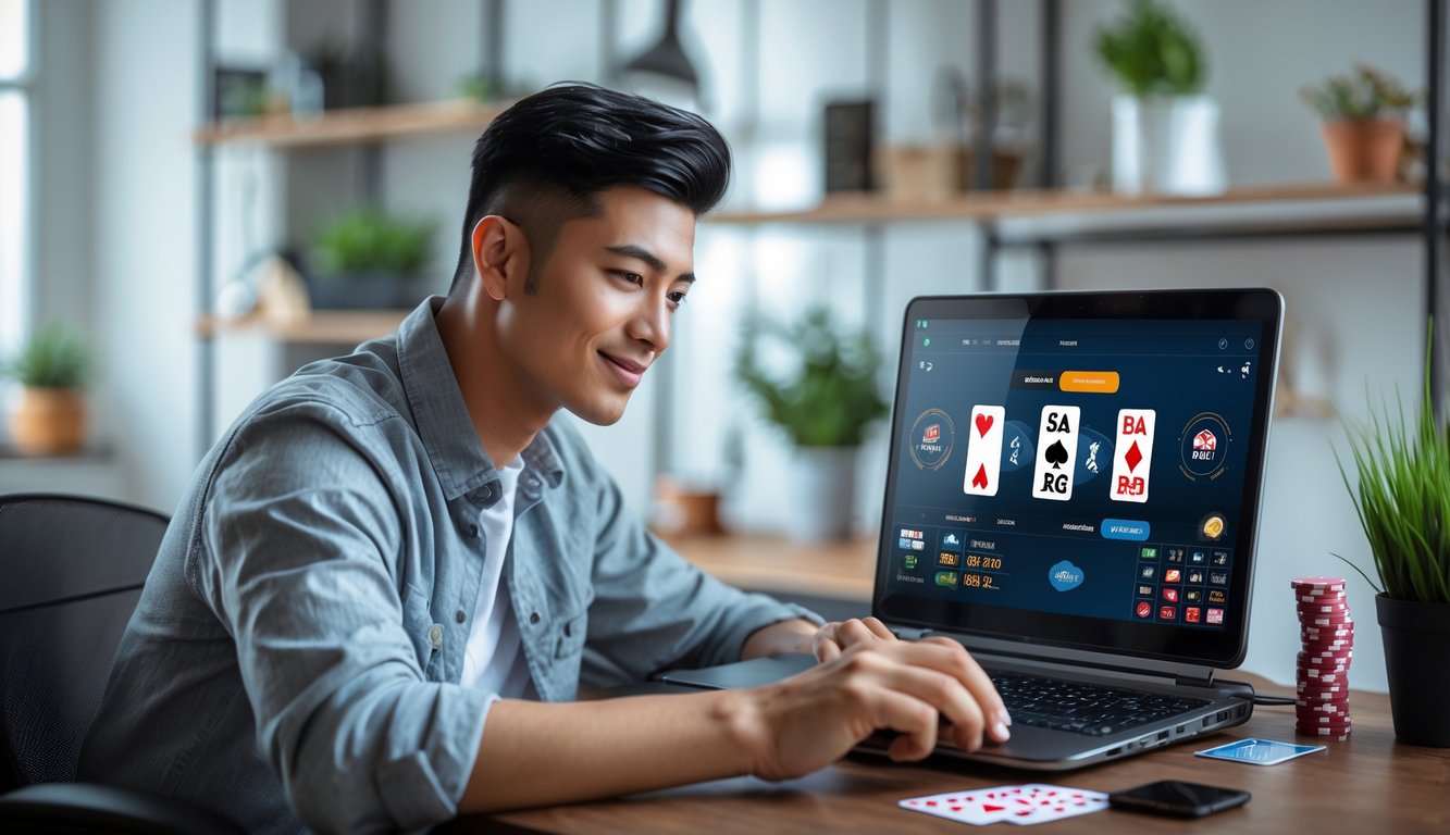 Seorang dewasa muda bermain poker online di laptop di ruang kerja modern dengan chip poker dan kartu di meja.