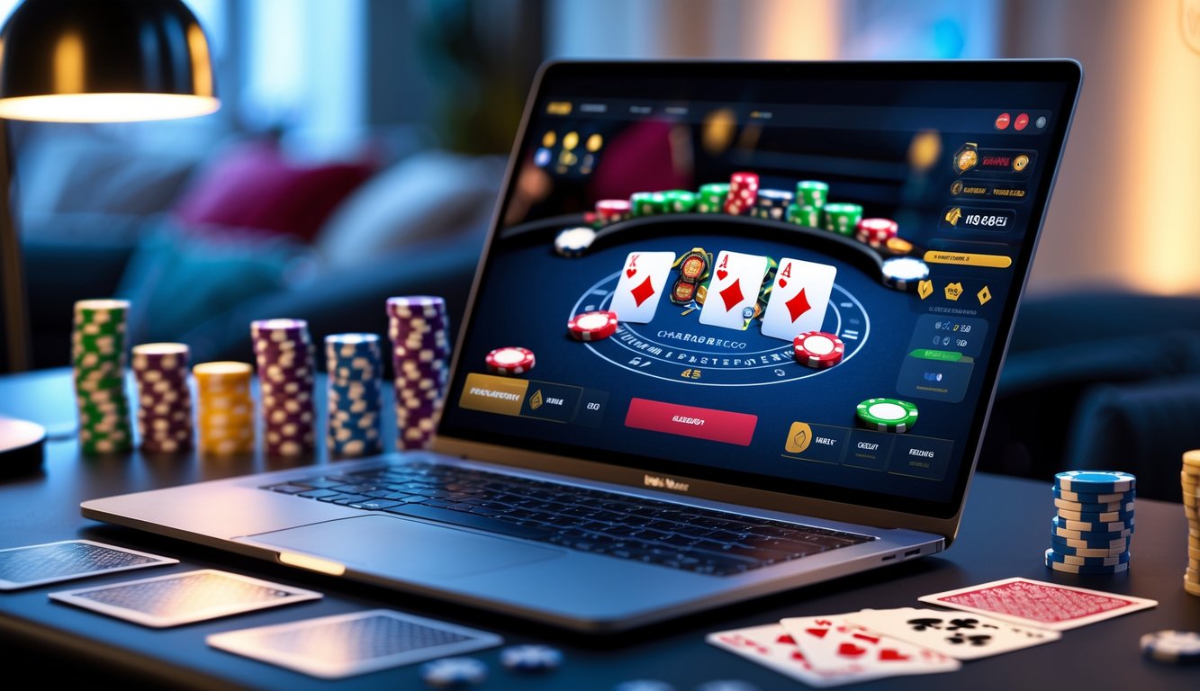 Sebuah meja kerja dengan komputer yang menampilkan permainan poker online dan chip poker di sekitarnya.