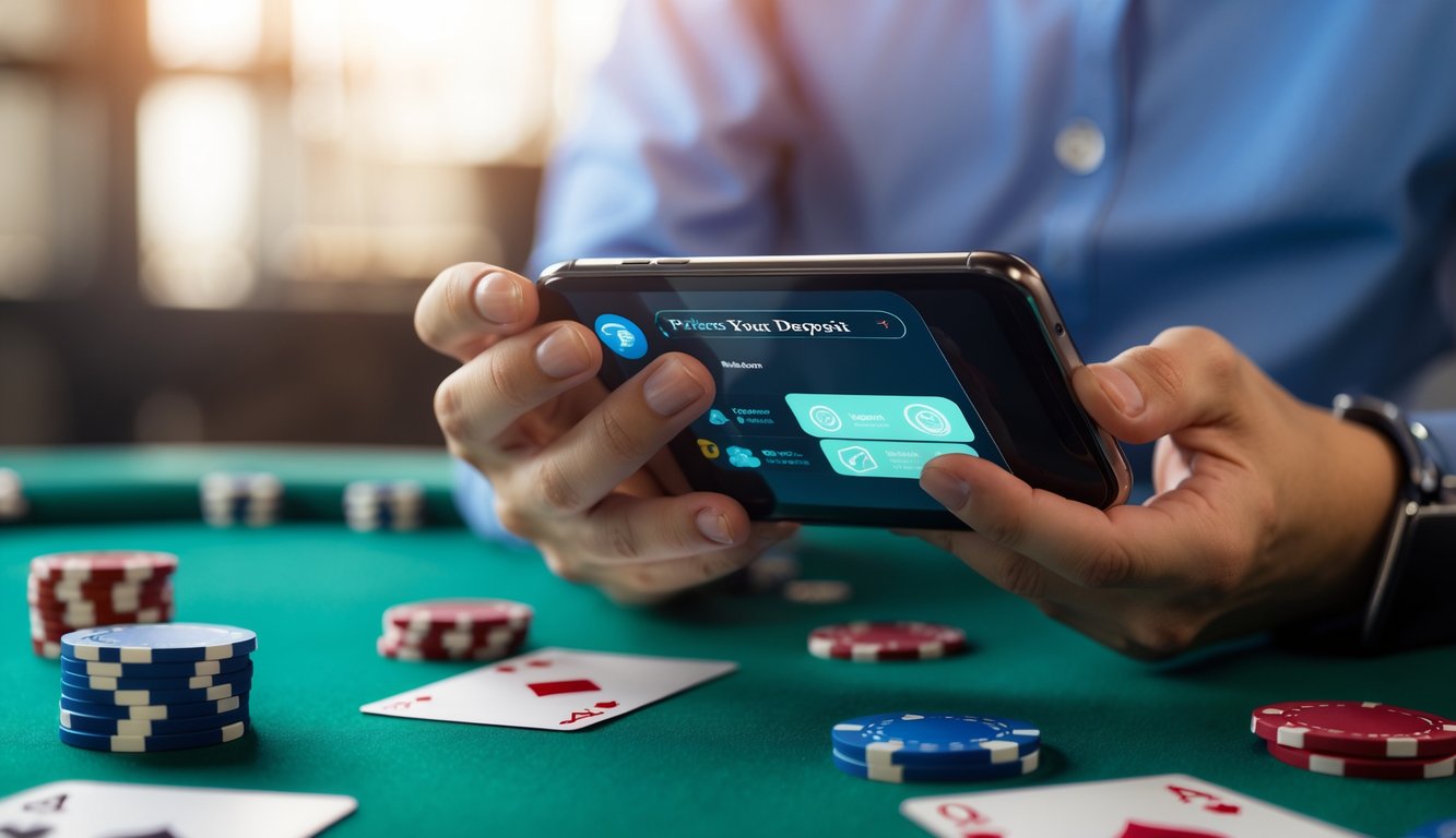 Seseorang menggunakan ponsel untuk melakukan deposit poker secara online dengan latar meja poker dan chip.