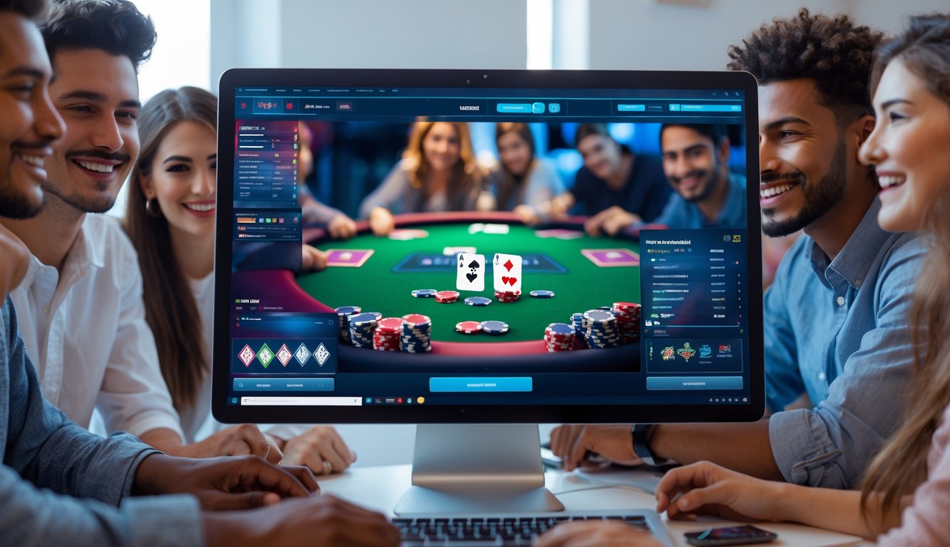 Sekelompok orang muda bermain poker online dengan komputer di ruang tamu yang modern.