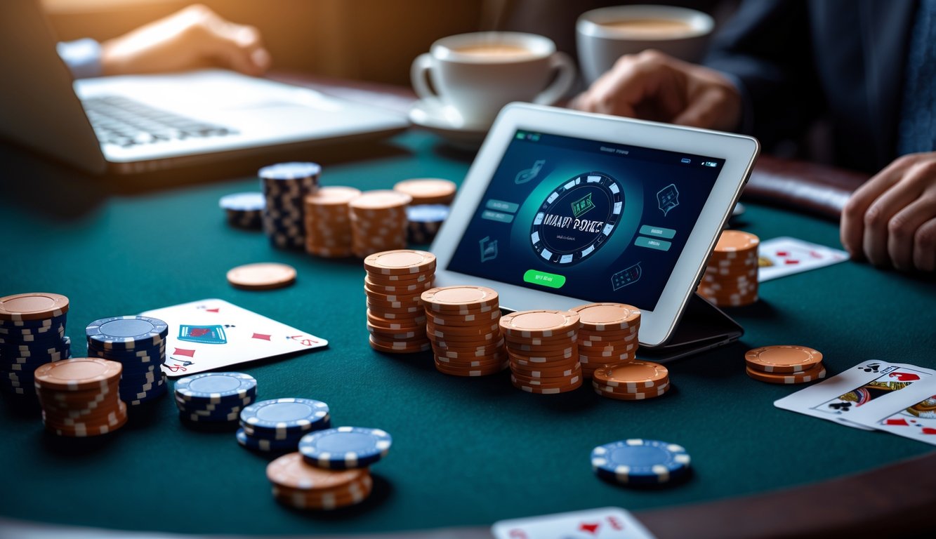 Meja poker modern dengan chip dan kartu, serta tablet menampilkan permainan poker online dalam suasana nyaman dan profesional.