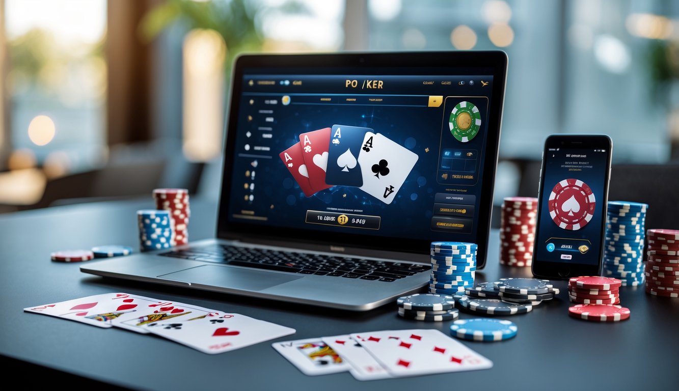 Meja kerja modern dengan laptop menampilkan permainan poker, tumpukan chip poker, kartu remi, dan ponsel dengan aplikasi poker.