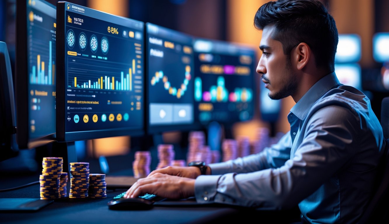 Seorang pemain poker online fokus di depan komputer dengan tumpukan chip poker dan layar yang menunjukkan kartu dan grafik kemenangan.