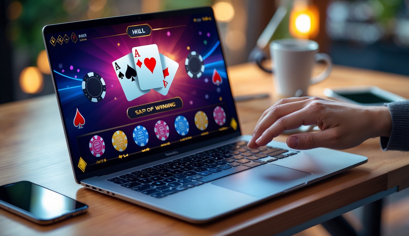 Seorang pemain sedang menggunakan laptop untuk bermain poker online dengan kartu dan chip poker terlihat di layar.