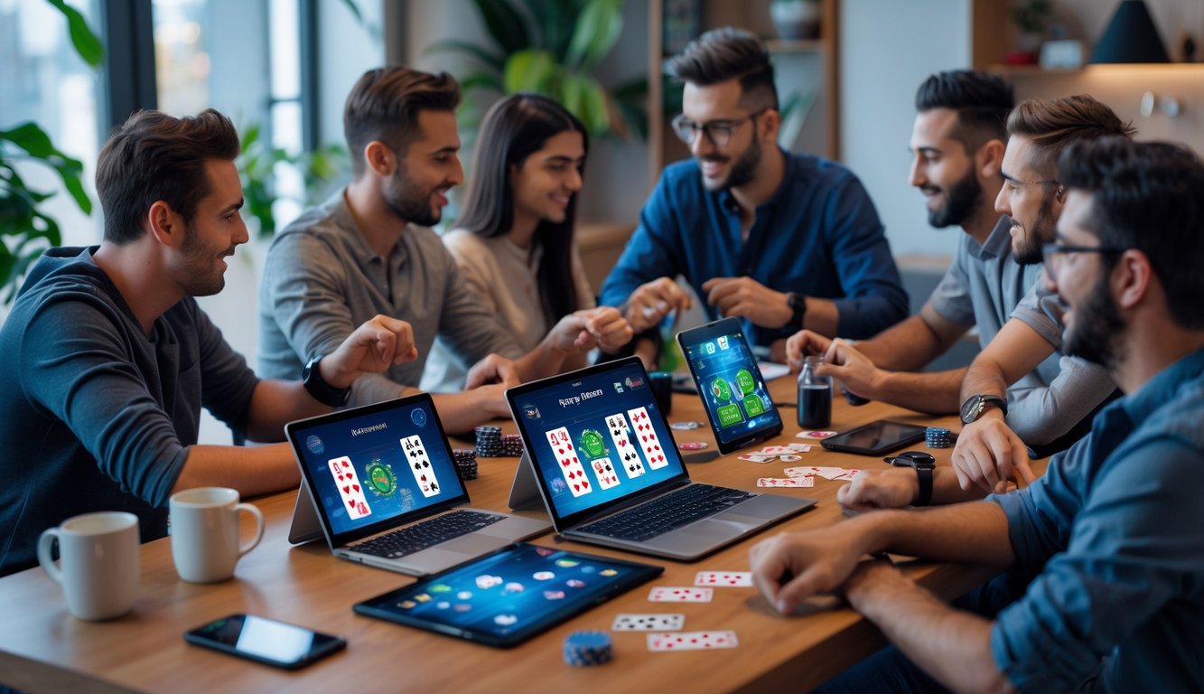 Sekelompok orang bermain poker online bersama-sama menggunakan perangkat digital di ruang tamu modern.