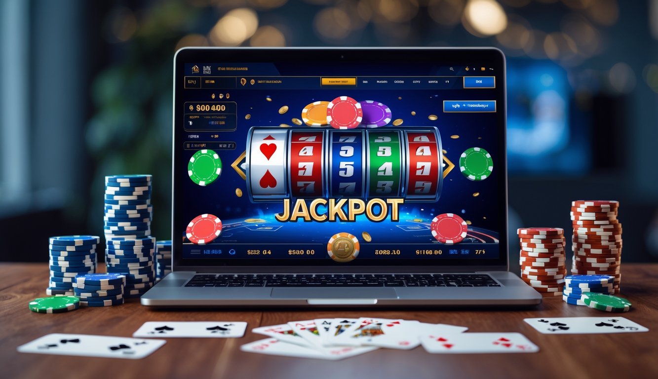 Sebuah laptop menampilkan permainan poker online dengan tumpukan chip poker dan kartu di meja kayu.