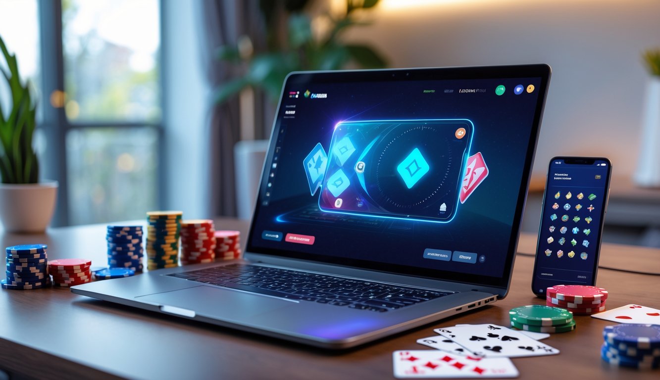 Seorang pria duduk di meja dengan laptop dan aksesori permainan kartu di ruang kerja yang terang dan rapi.