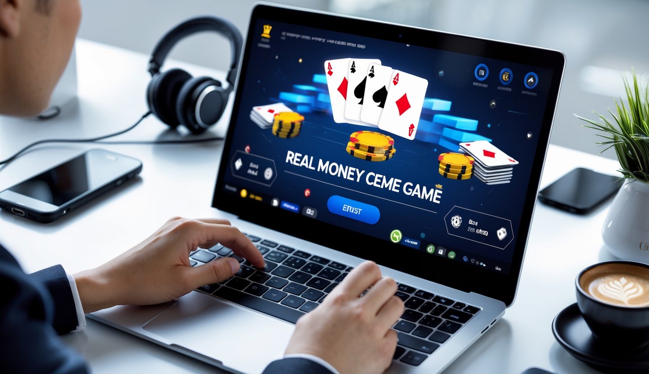 Seseorang sedang bermain permainan kartu online menggunakan komputer di meja kerja.