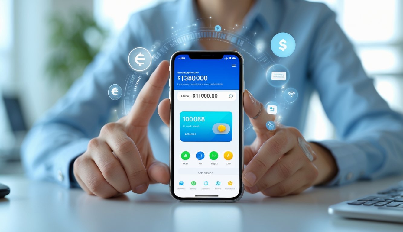 Tangan seseorang memegang ponsel yang menampilkan aplikasi dompet digital dengan ikon dan saldo di layar, di latar belakang ruangan modern yang samar.