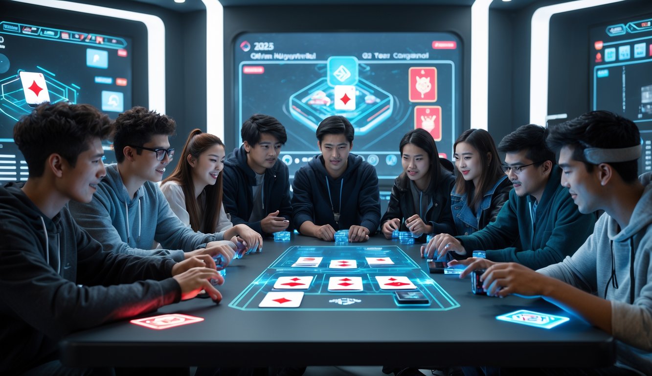 Sekelompok orang muda sedang bermain permainan kartu online bersama di ruangan modern dengan layar digital dan hologram.