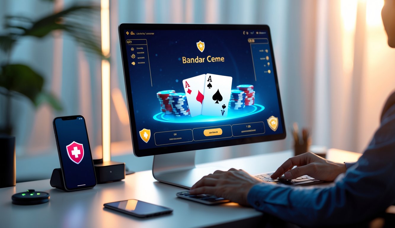 Seorang pemain sedang menggunakan komputer untuk bermain kartu Bandar Ceme secara online di meja yang rapi dengan pencahayaan hangat.