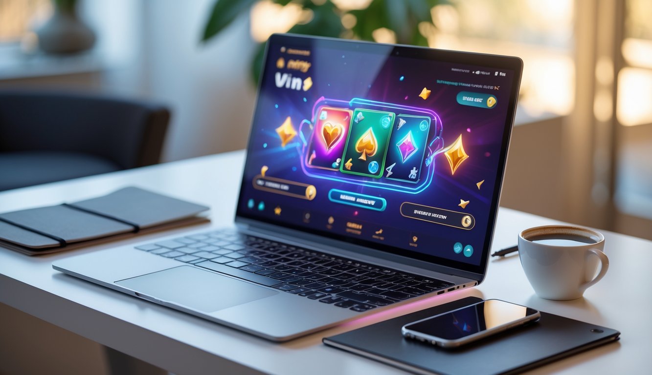 Meja kerja dengan laptop yang menampilkan permainan kartu online, dikelilingi oleh smartphone, cangkir kopi, dan buku catatan.