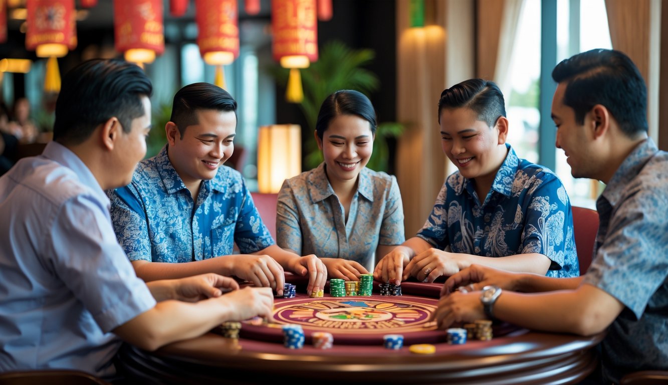 Sekelompok orang dewasa sedang bermain kartu Bandar Ceme di meja kayu di dalam ruangan yang nyaman dengan dekorasi tradisional Indonesia.