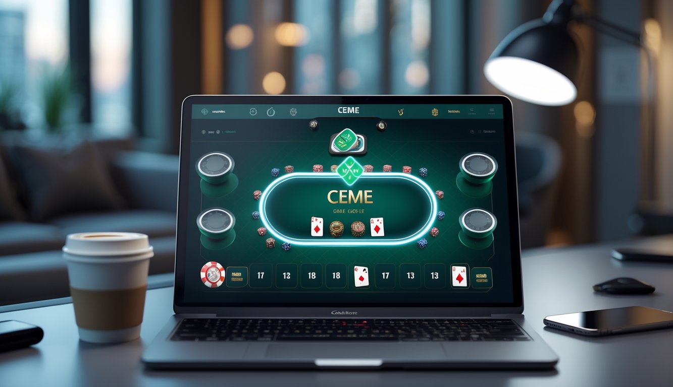 Suasana bermain permainan kartu Ceme secara online di depan layar komputer dengan chip dan kartu, di meja kerja yang rapi.