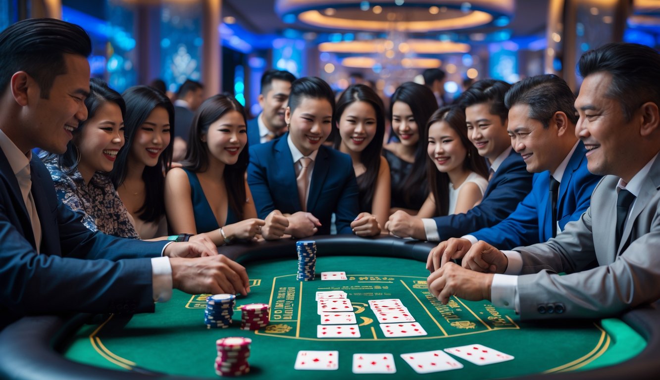 Sekelompok orang bermain kartu Bandar Ceme di meja kasino dengan suasana yang hidup dan penuh antusiasme.