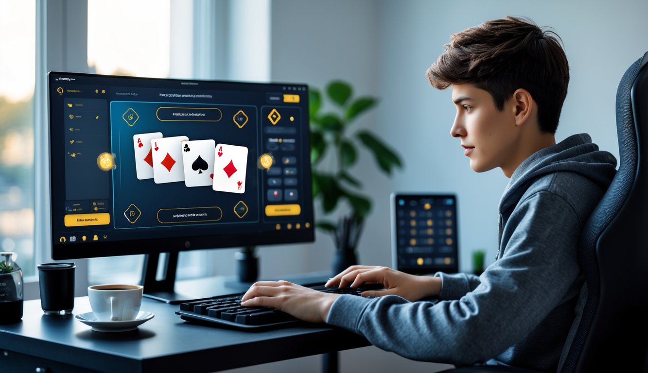 Seorang pemain muda sedang bermain permainan kartu online di depan komputer di ruangan yang terang dan rapi.